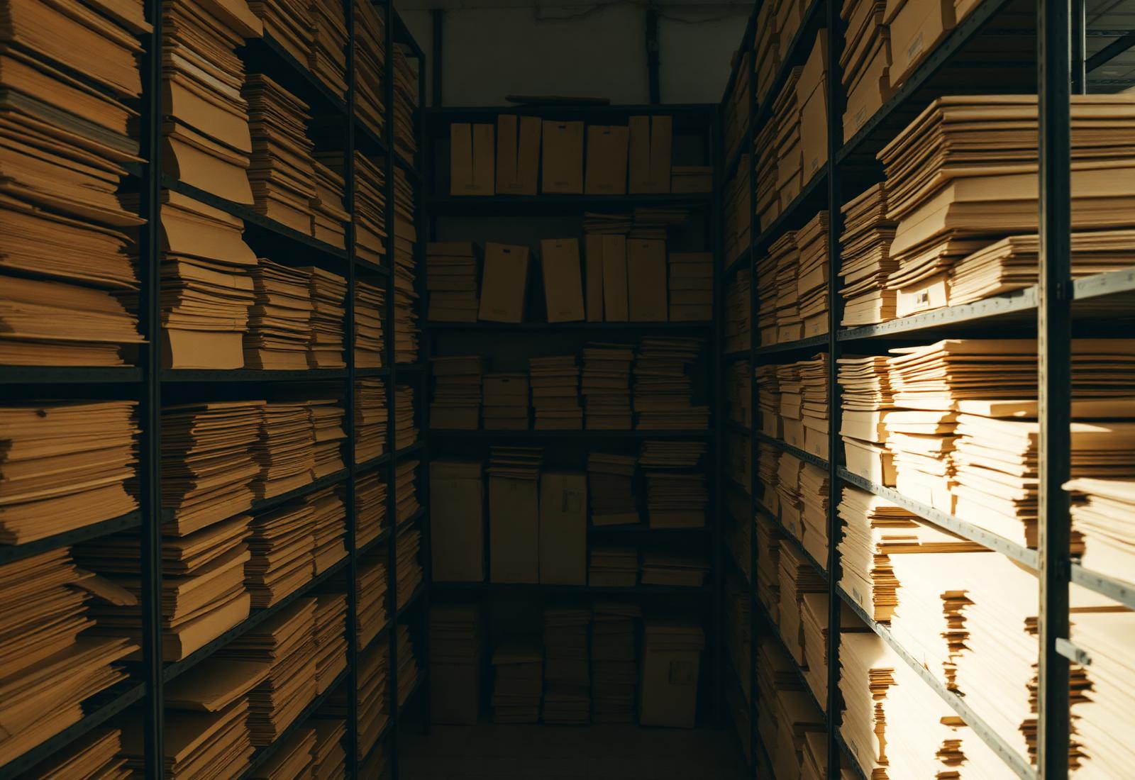 Arquivo público municipal com estantes de metal repletas de caixas e pastas de papel envelhecidas