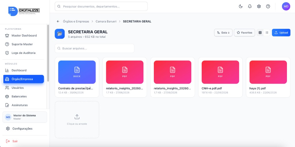 Tela do GED Digitalizze com arquivos da Secretaria Geral em grade